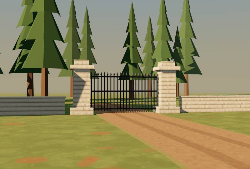 Concept render of two printed concrete gate pillars with an iron gate between them.